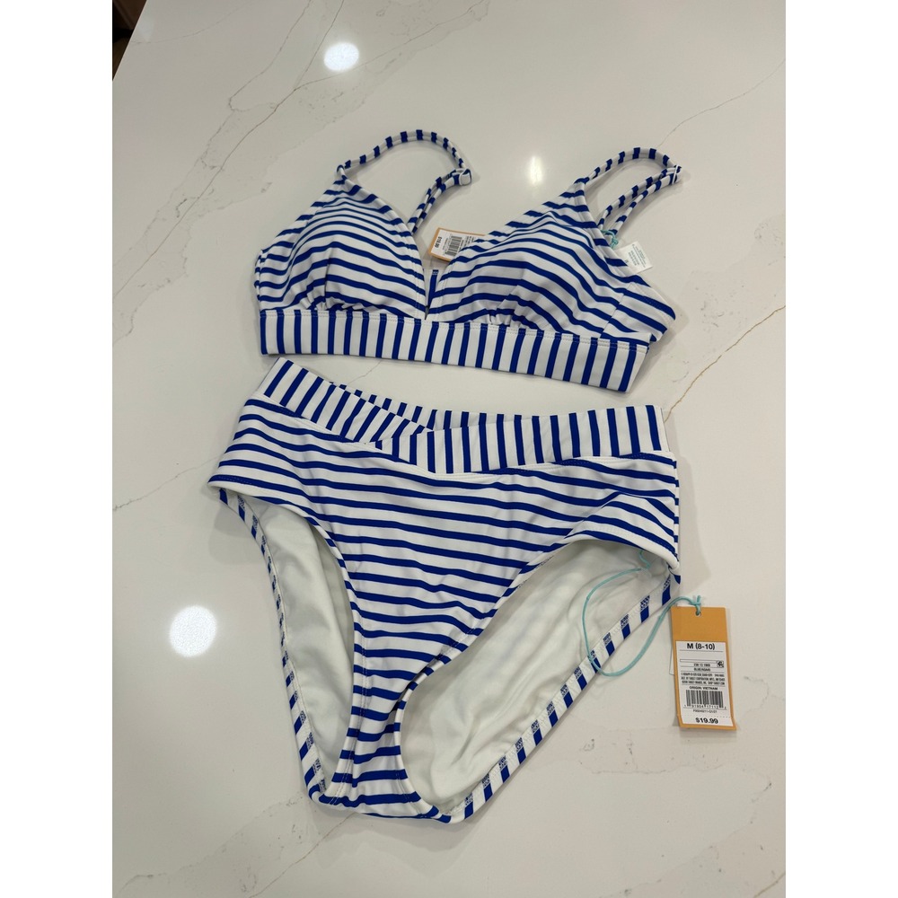 Kona Sol Womens Blue White Striped High Waist Bikini Set Size Medium NWT